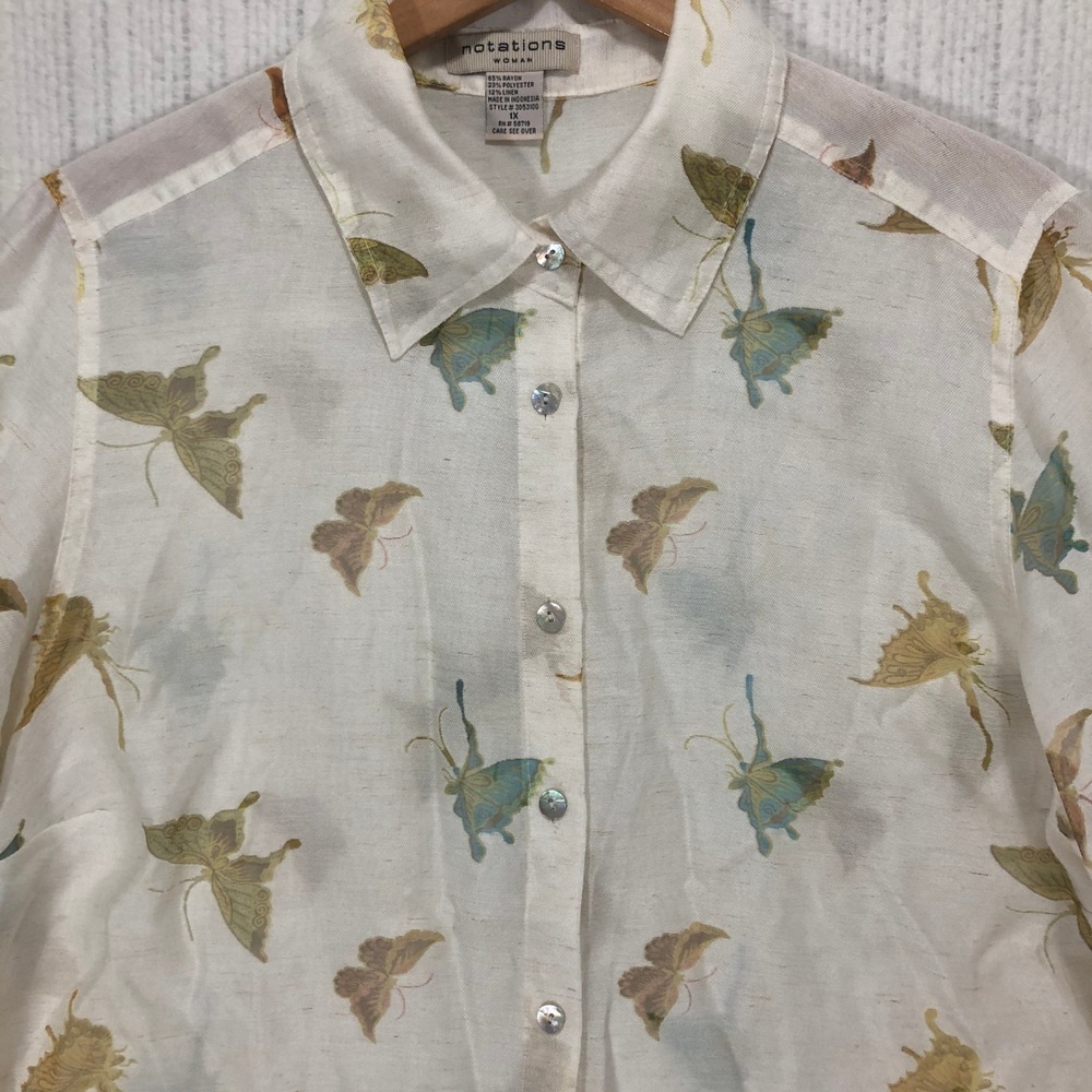 Notations Woman Butterfly Print Linen Blend Button Down Shirt Cream 1X 3053100